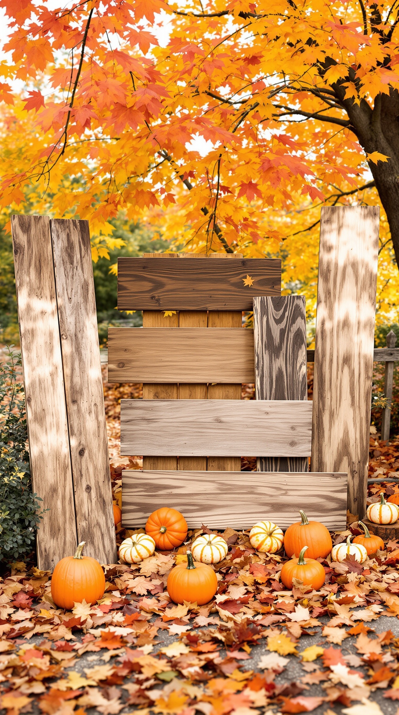 A collection of rustic wooden signs with Thanksgiving quotes in a colorful autumn yard