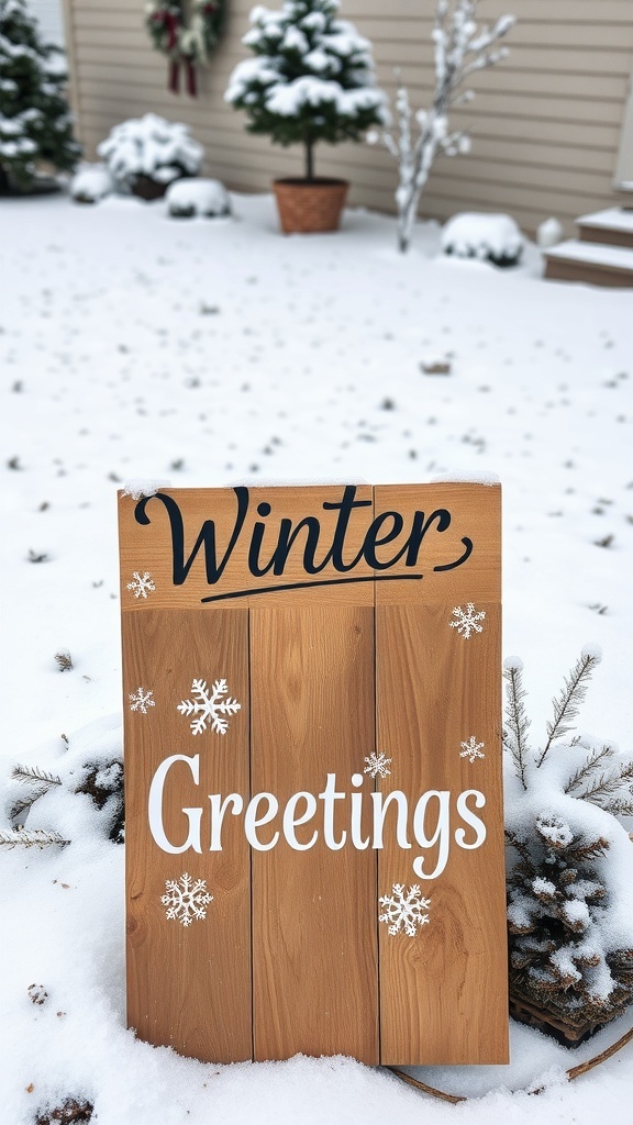 A wooden sign that reads 'Winter Greetings' surrounded by snow.
