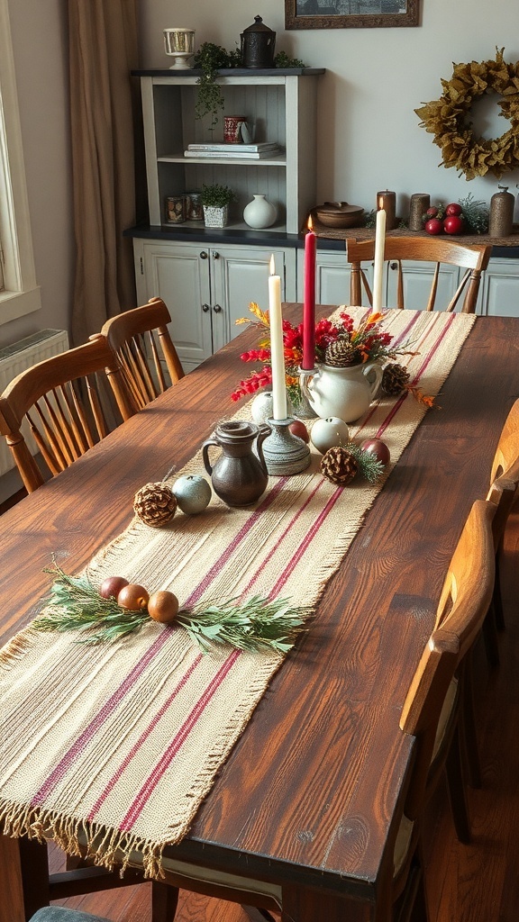 A rustic wooden table runner with pinecones, candles, and festive decorations on a wooden dining table.