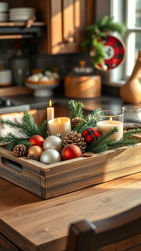 A rustic wooden tray filled with Christmas ornaments, greenery, and a candle on a countertop.