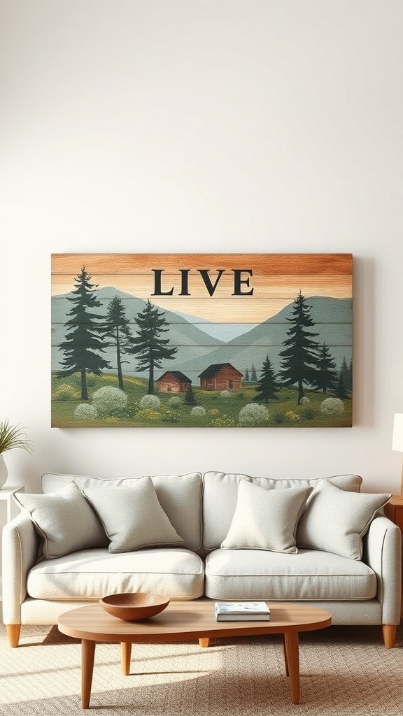 Rustic wooden wall art depicting a landscape with trees and cabins, featuring the word 'LIVE'.