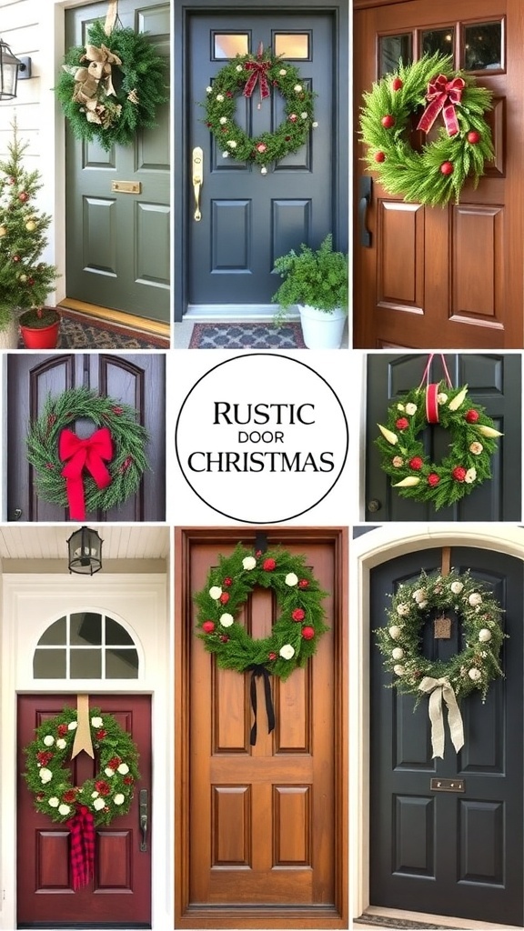 A collage of various doors adorned with rustic Christmas wreaths.