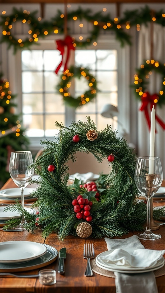 A rustic Christmas wreath with pine and berries on a dining table set for the holidays.