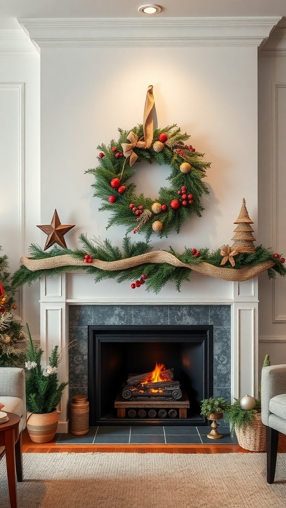 A rustic Christmas wreath decorated with berries and a bow, hanging above a fireplace.