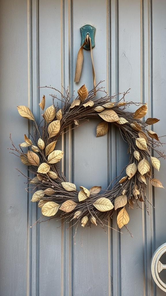 A rustic wreath made of dried leaves hanging on a gray door.