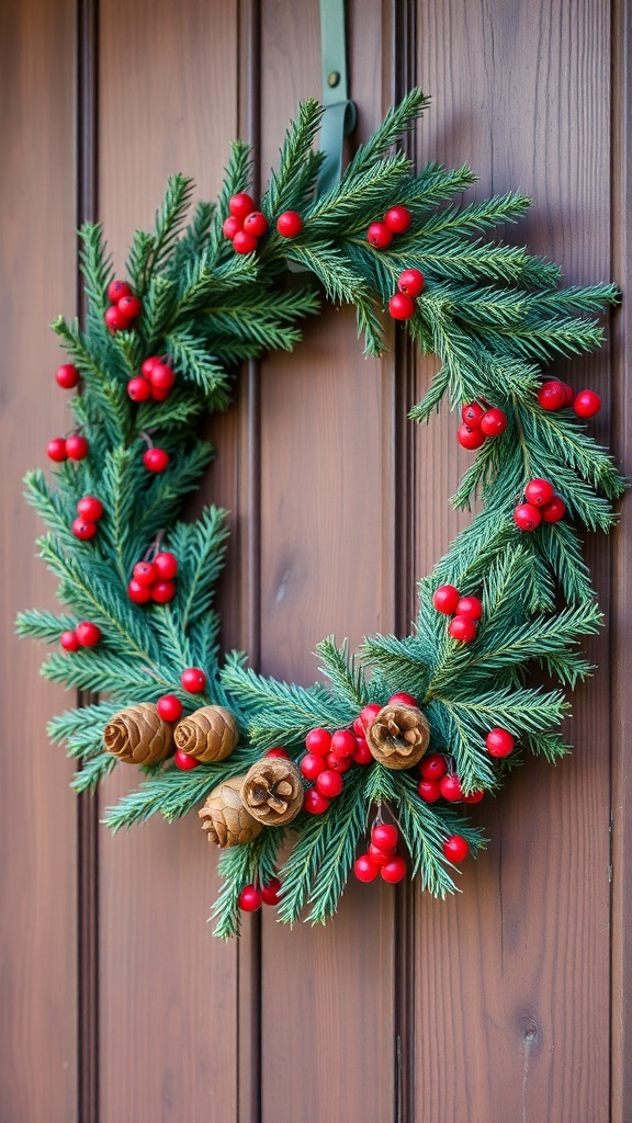 A rustic wreath featuring pine cones and red berries on a wooden door.