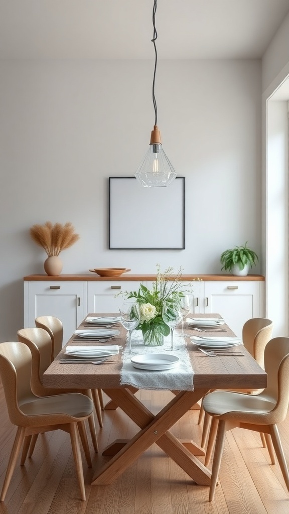 A modern farmhouse dining area featuring a wooden table with fresh flowers, elegant table settings, and stylish lighting.