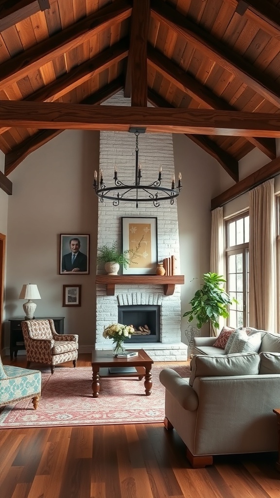 A cozy living room featuring rustic decor with a modern touch, including a fireplace and elegant furniture.