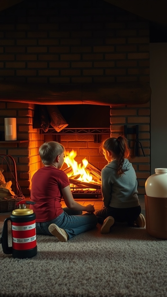 Two children sitting in front of a fireplace, enjoying the warmth of the fire.
