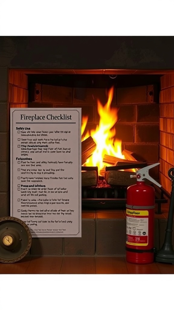 A cozy fireplace with a checklist for safety tips and a fire extinguisher nearby.