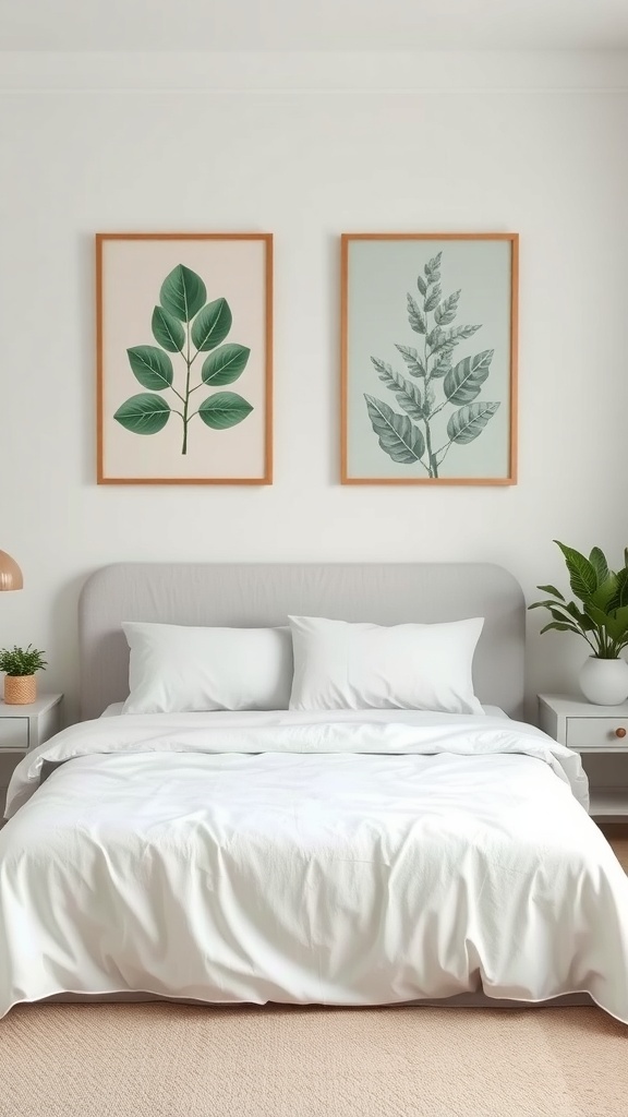 Sage-inspired artwork in a bedroom with botanical prints.