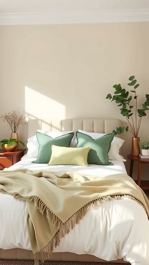 A cozy bedroom featuring sage green pillows and a neutral-toned blanket on a bed.