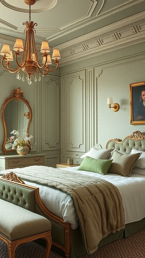 A beautifully decorated bedroom featuring sage green walls, gold accents in lighting and decor, and a cozy bed setup.