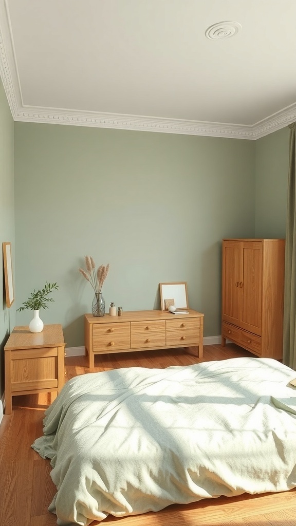 A serene bedroom featuring sage green walls and natural wood furniture, including a bed, nightstand, and dresser.