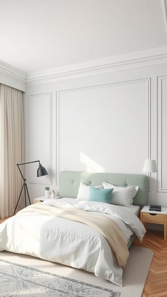 A cozy bedroom featuring a sage green headboard, white bedding, and a minimalist design.