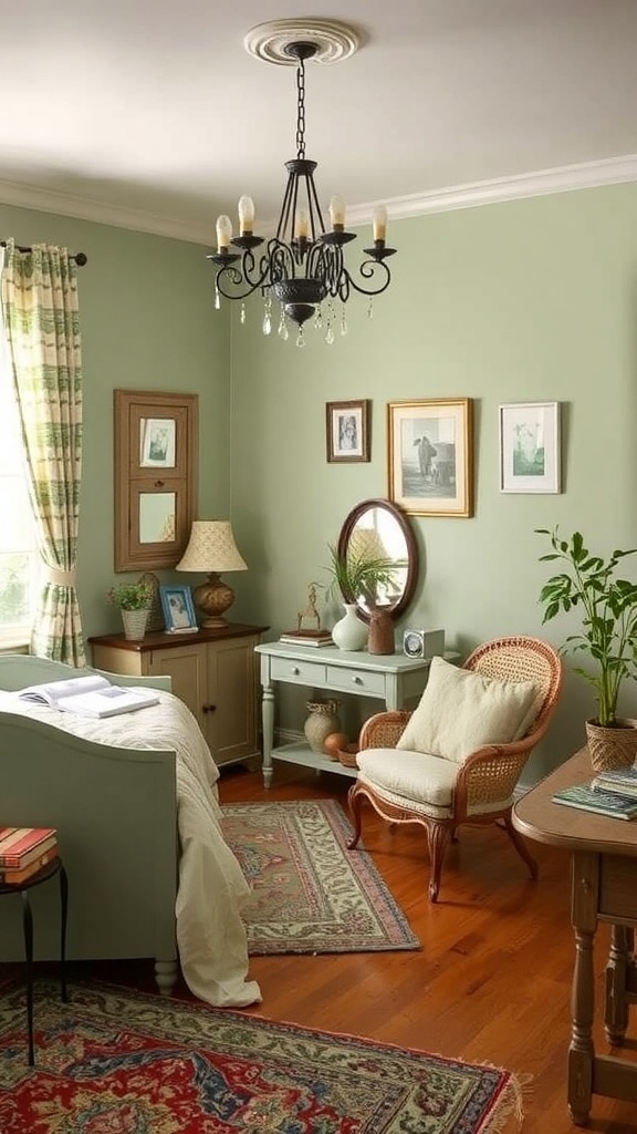 A cozy sage bedroom featuring vintage decor elements like a chandelier, framed pictures, and a patterned rug.