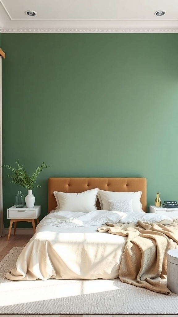 A bedroom featuring a sage green accent wall with a cozy bed and bedside tables.