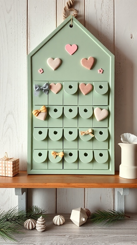 A sage green advent calendar with heart-shaped decorations and small drawers.