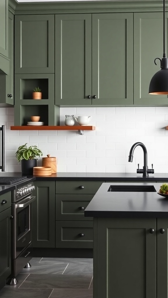 A modern kitchen featuring sage green cabinets and black countertops.