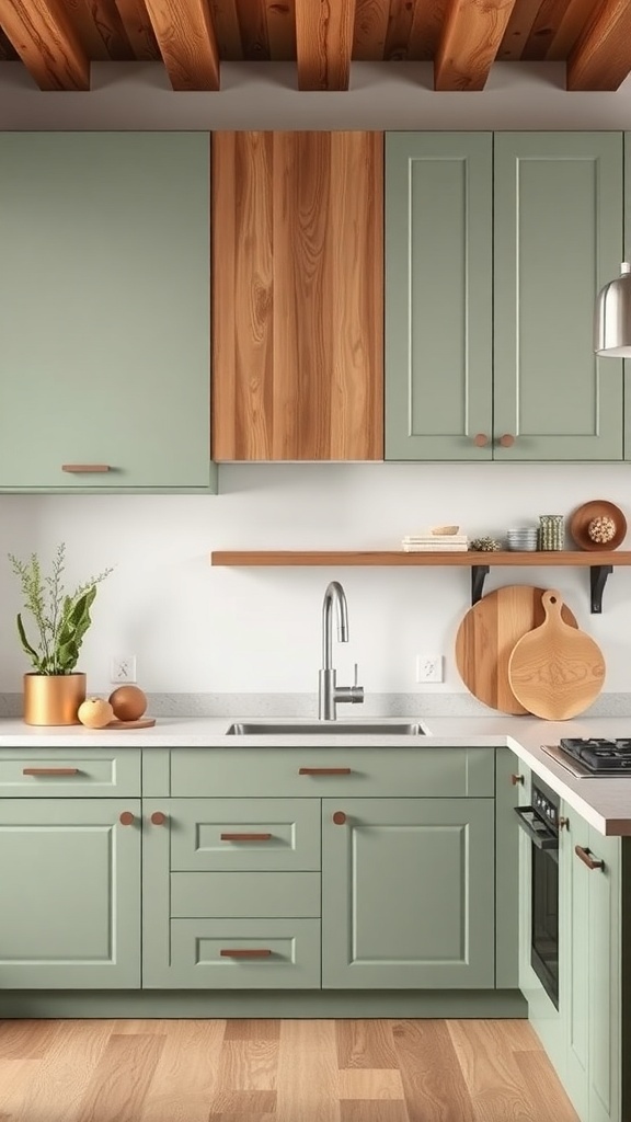 A kitchen featuring sage green cabinets and natural wood accents.