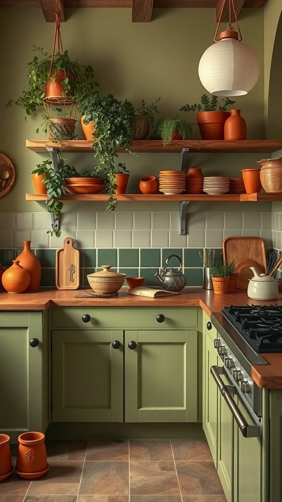 A cozy kitchen featuring sage green cabinets and terracotta pots.
