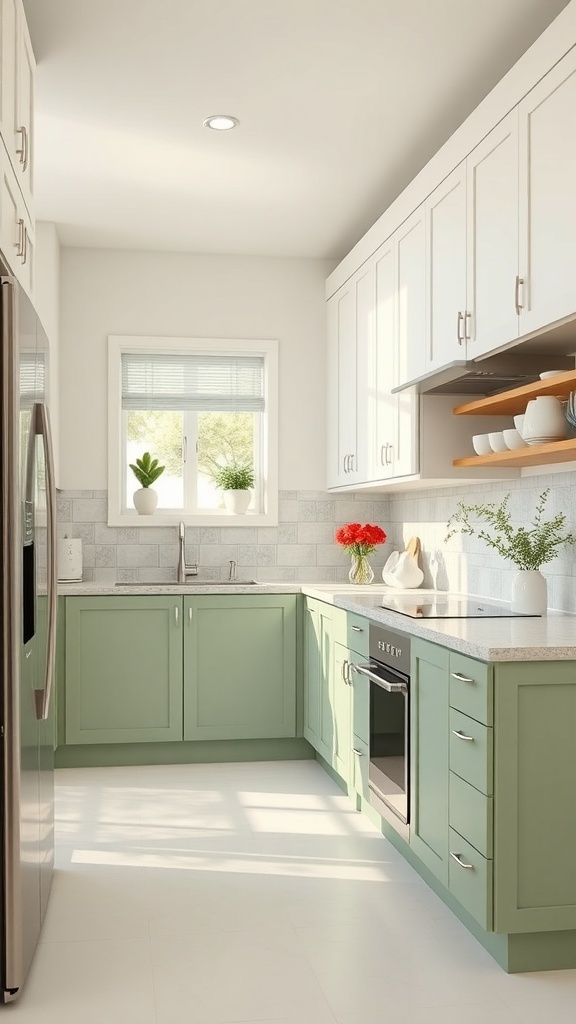 A kitchen featuring sage green cabinets and white accents.