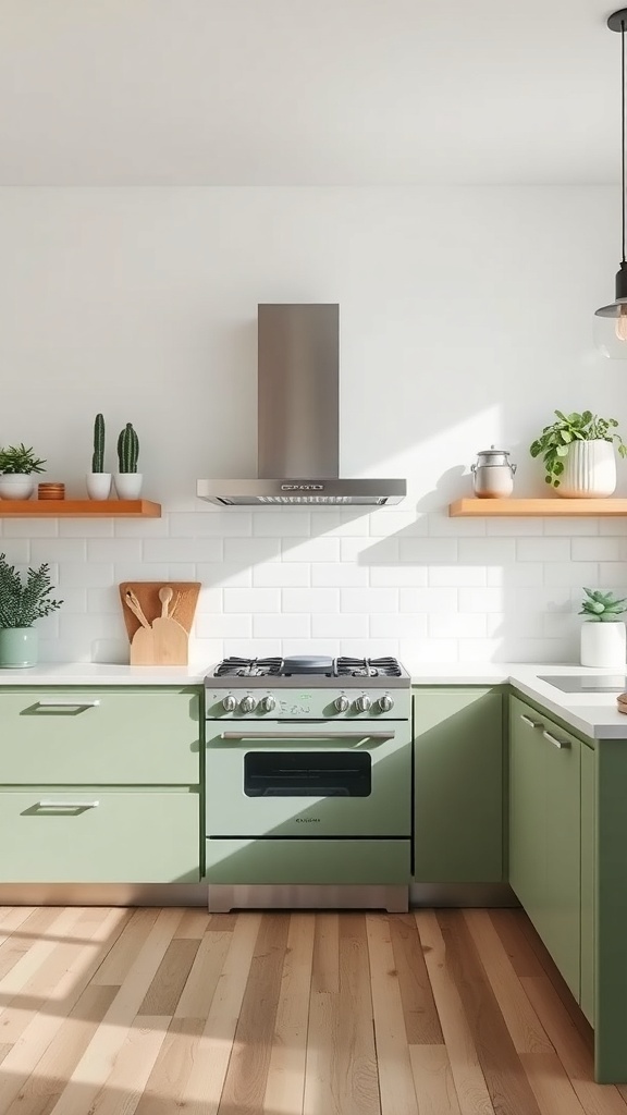 A modern kitchen featuring sage green cabinets and appliances.