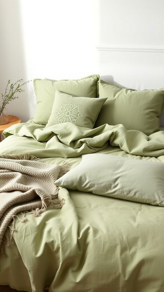 A cozy bed with sage green bedding and decorative pillows