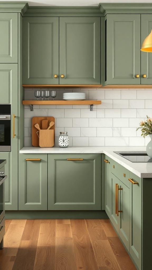A modern kitchen featuring sage green cabinets with gold hardware and wooden shelves.