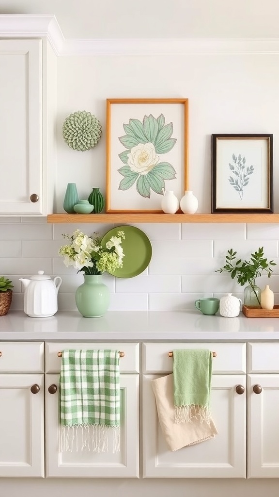 A sage green kitchen with decor and accessories including towels, vases, and artwork.