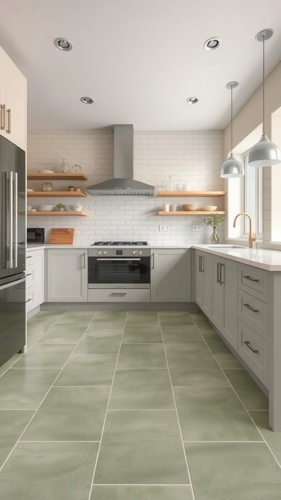 A modern kitchen featuring sage green flooring, light cabinets, and open shelving.
