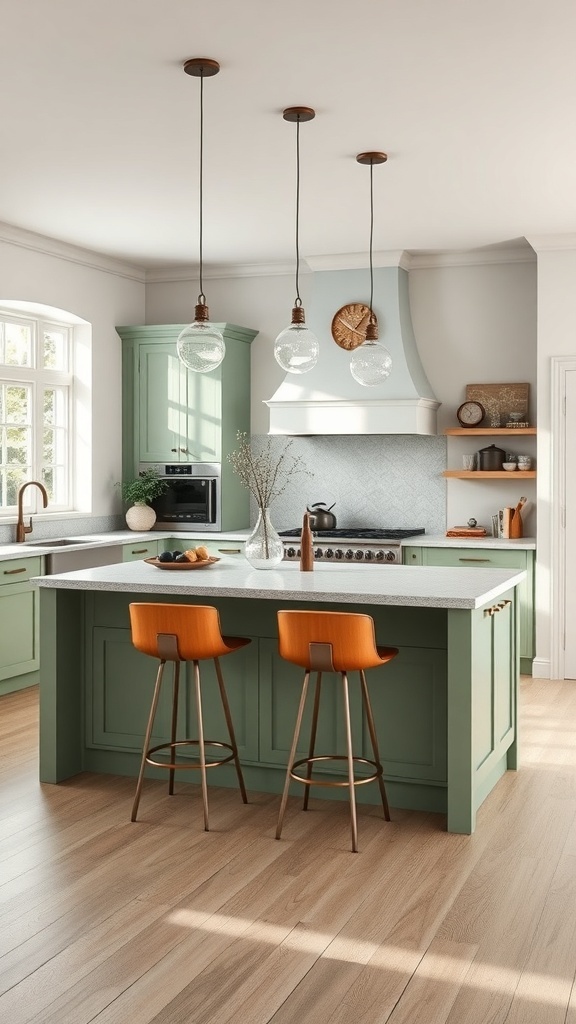 A sage green kitchen island with seating and modern decor.