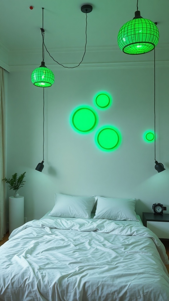 A bedroom featuring sage green lighting fixtures with a cozy bed and modern decor.