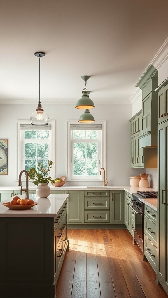 A bright kitchen featuring sage green cabinets and stylish lighting fixtures.