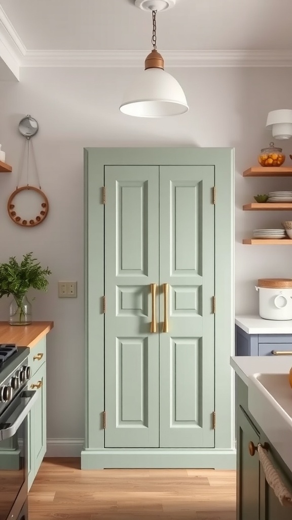 A sage green pantry door in a kitchen setting.
