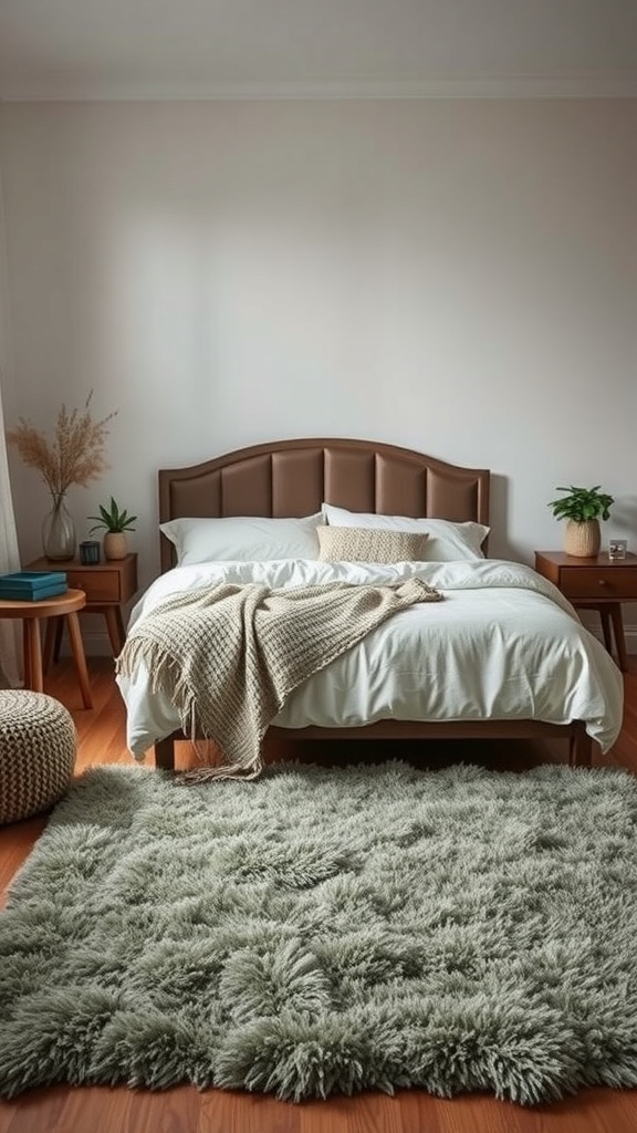 A cozy bedroom featuring a sage green rug, a brown upholstered headboard, and soft bedding.