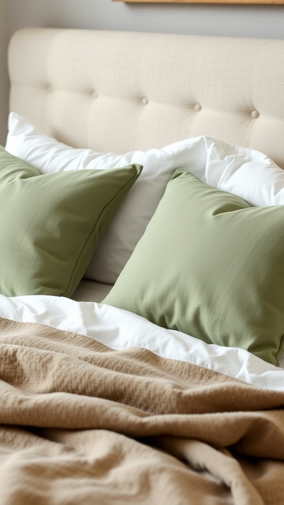 Sage green throw pillows on a bed with neutral bedding
