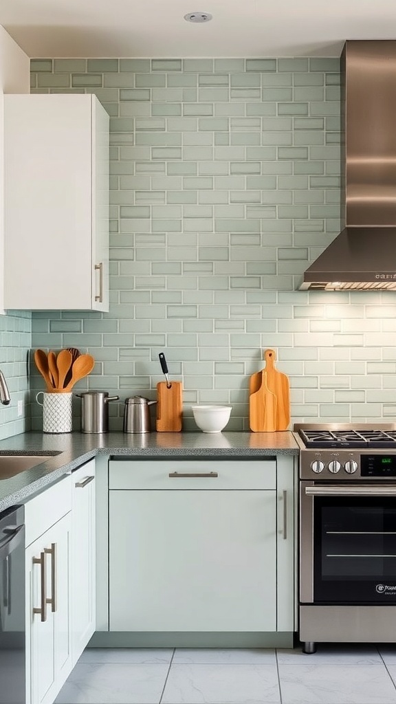 A kitchen featuring sage green tiles as a backsplash, complemented by light cabinets and stainless steel appliances.