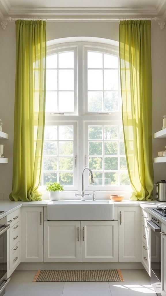 A kitchen with sage green window treatments and natural light.