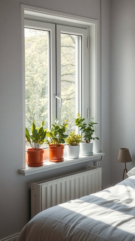 A bright bedroom with sage plants on the windowsill, creating a natural touch.