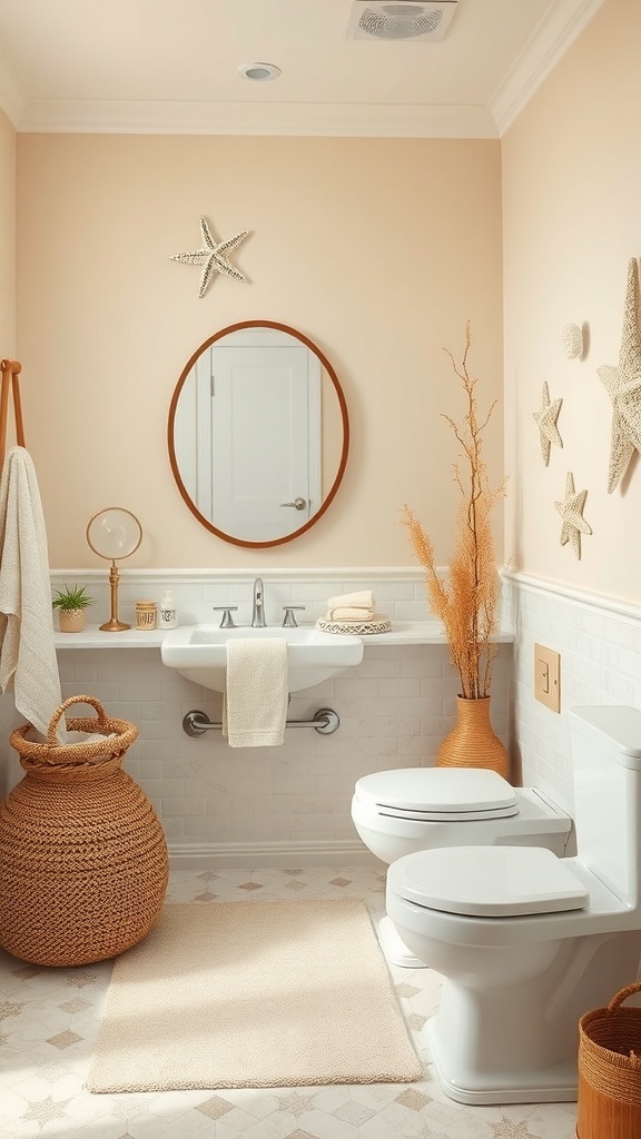 A neutral bathroom featuring sandy cream walls, natural decor, and a warm, inviting atmosphere.