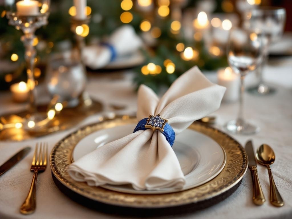 A beautifully set Thanksgiving table featuring sapphire napkin rings on white napkins, with golden plates and soft candlelight.