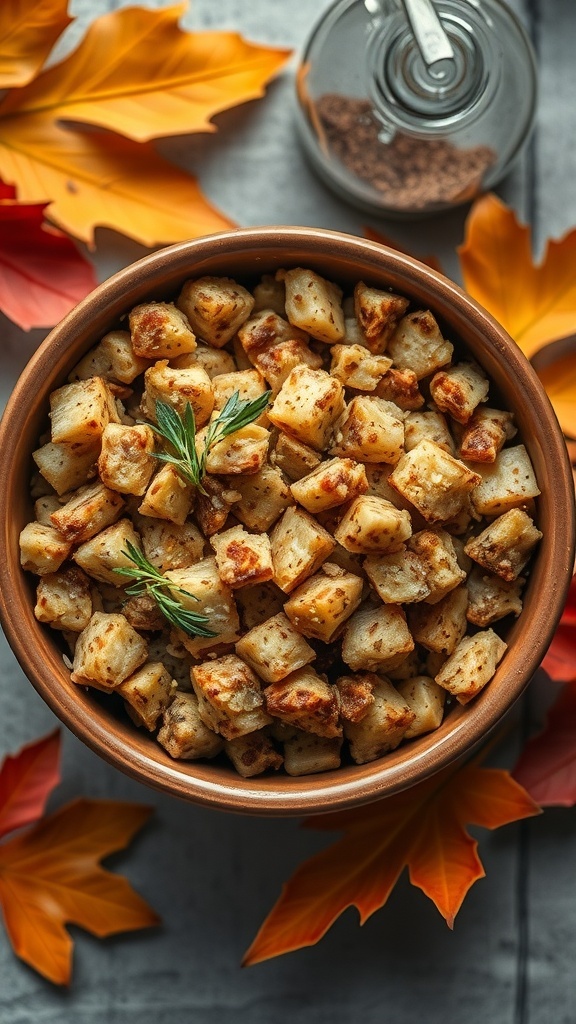 A bowl of crispy stuffing surrounded by autumn leaves