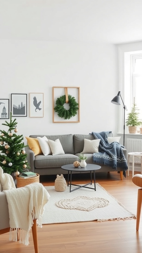 A cozy Scandinavian-inspired living room decorated for Christmas with a small tree, wreath, and neutral tones.