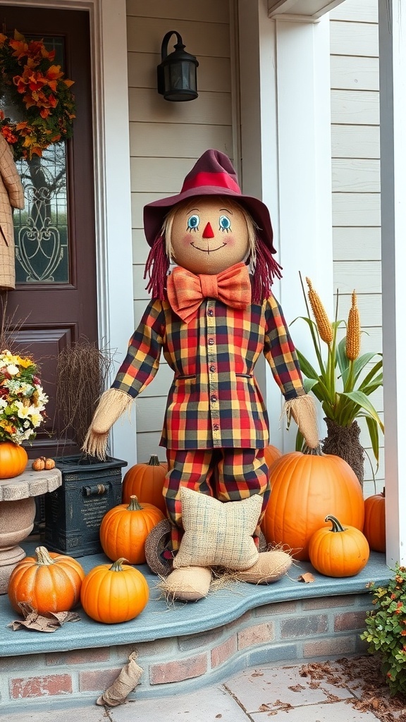 A cheerful scarecrow dressed in plaid with pumpkins on a front porch