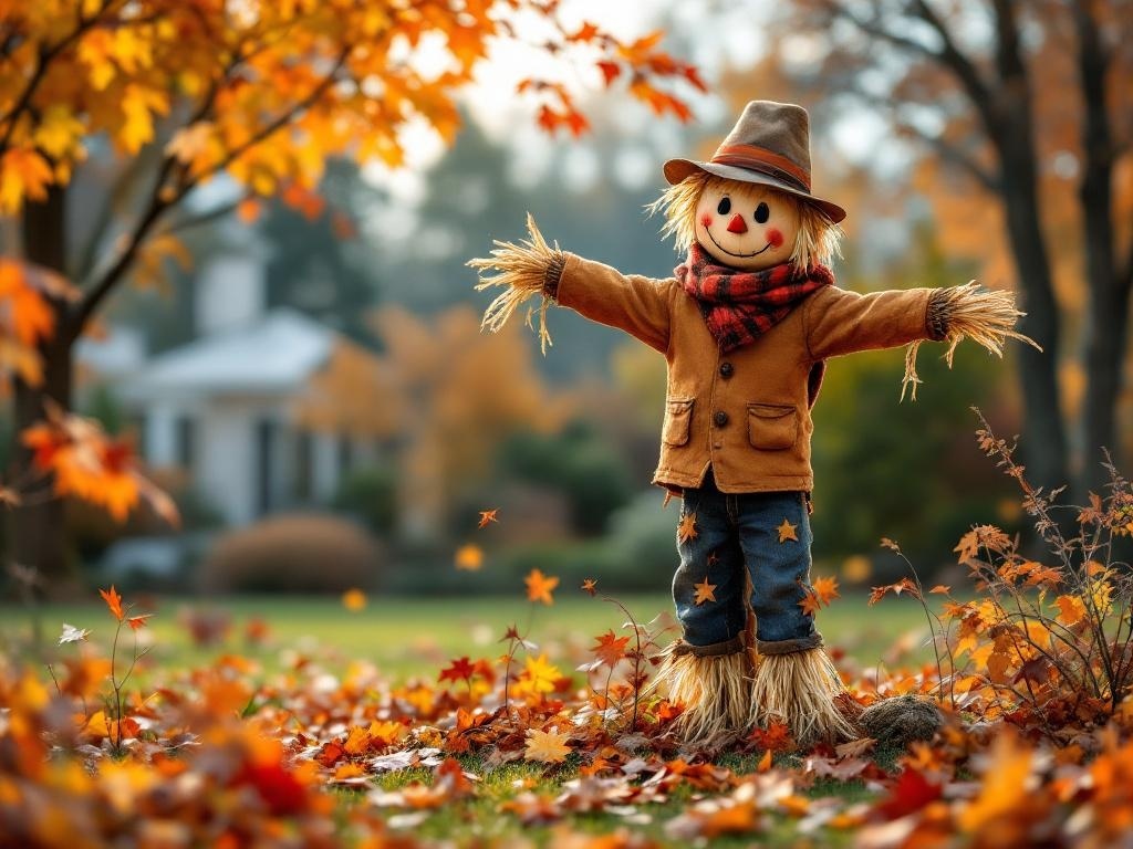 A cheerful scarecrow in a brown jacket and denim pants stands amidst colorful autumn leaves.