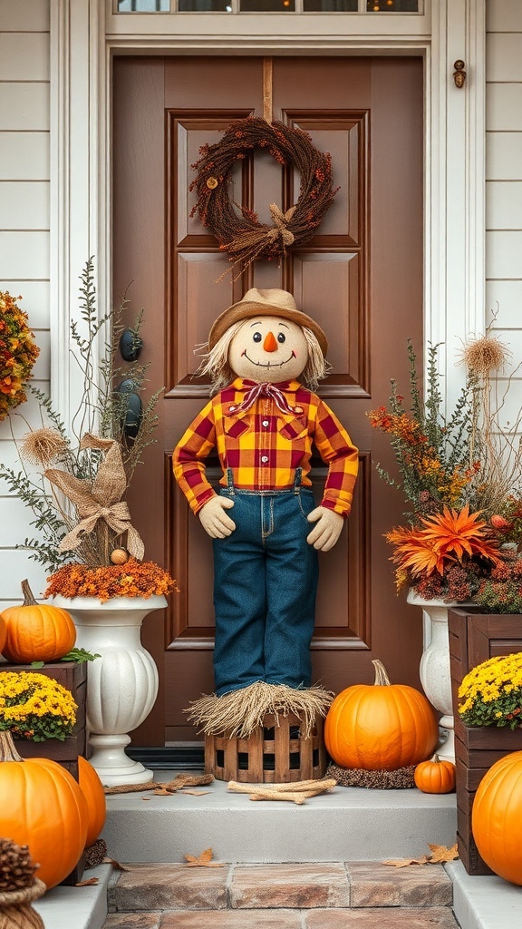 A cheerful scarecrow figurine in plaid shirt and denim stands by a front door, surrounded by pumpkins and autumn flowers.