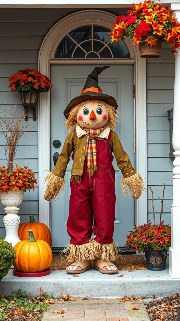 A cheerful scarecrow greeter on a Halloween front porch, surrounded by pumpkins and flowers.