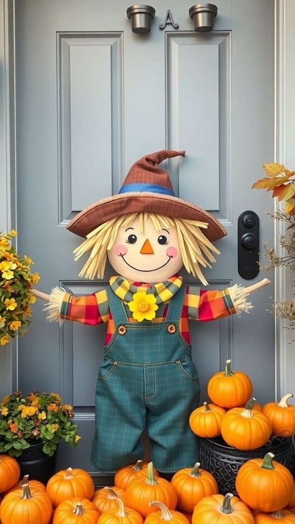 A cheerful scarecrow decoration at a door surrounded by pumpkins and flowers.