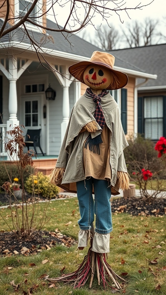 A cheerful scarecrow in a front yard, wearing a hat and casual clothing, standing guard among autumn decorations.